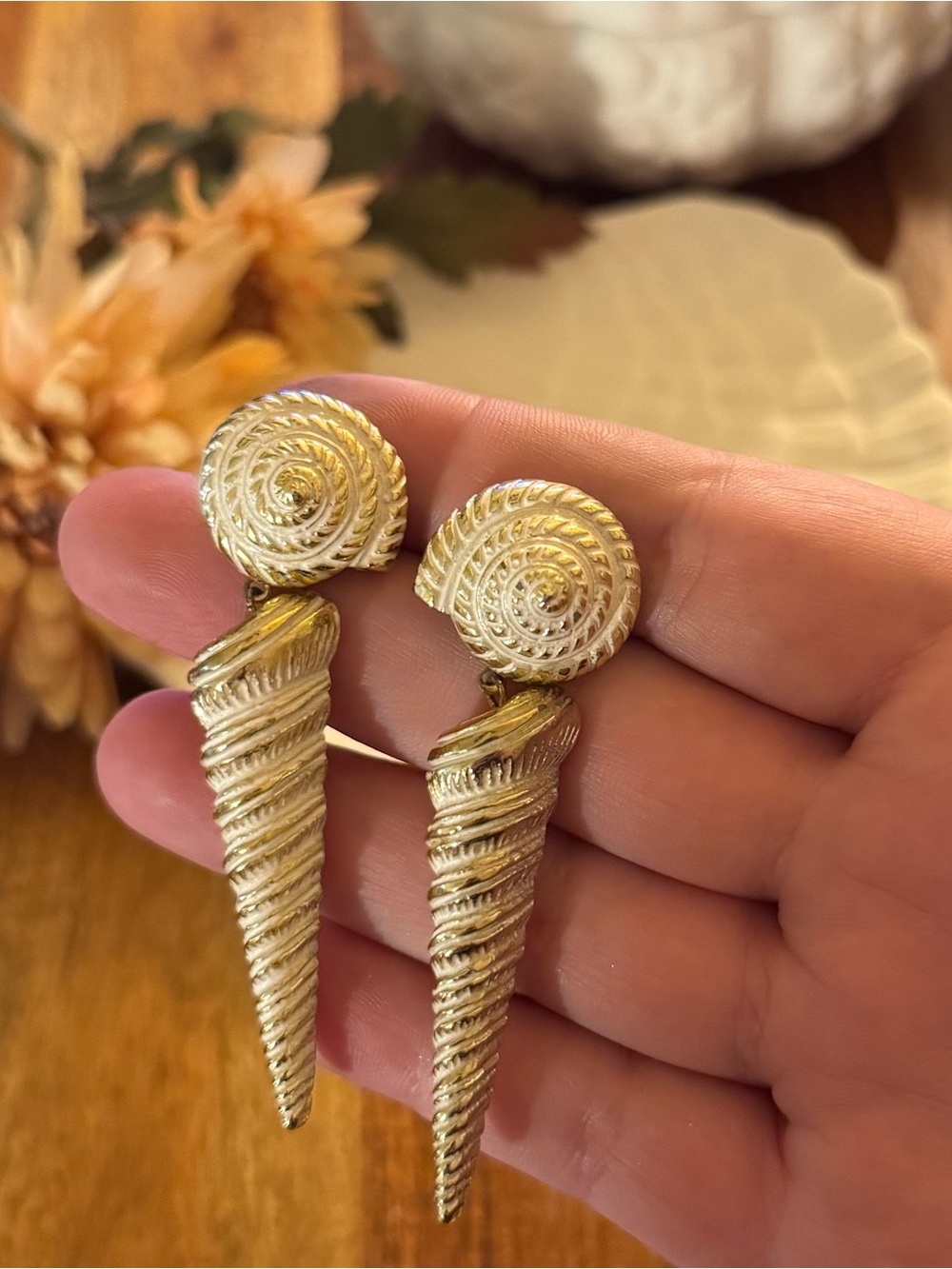 Gold Spiral Shell Drop Vintage Earrings - Picture 10 of 16